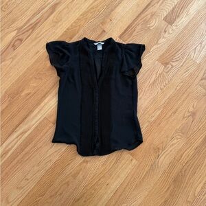 Black blouse work attire office siren flutter sleeves tuxedo style front